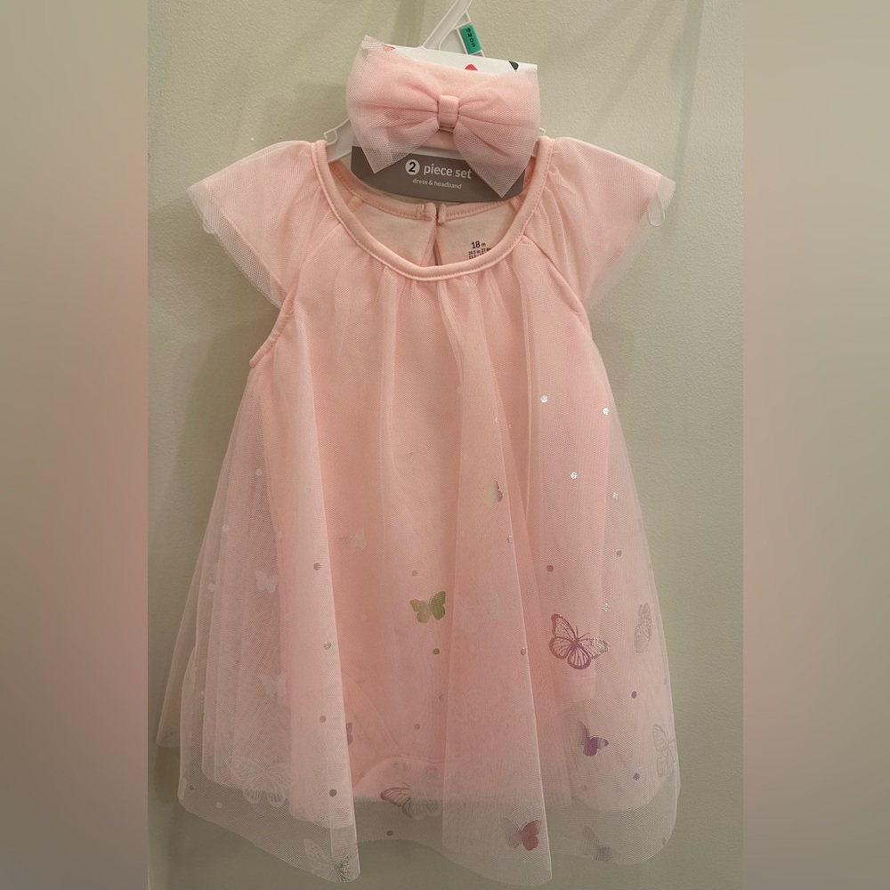NWT Baby Starters Butterfly 2 Piece Set Onesie Dress with Bow Size 18m